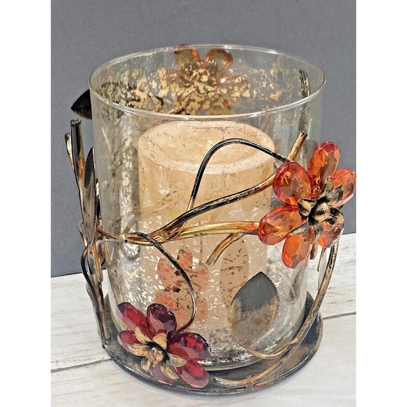 Vintage Gilded Metal Crystal Flowers Floral Design 3 Pc Pillar Candle Holder - Picture 3 of 11